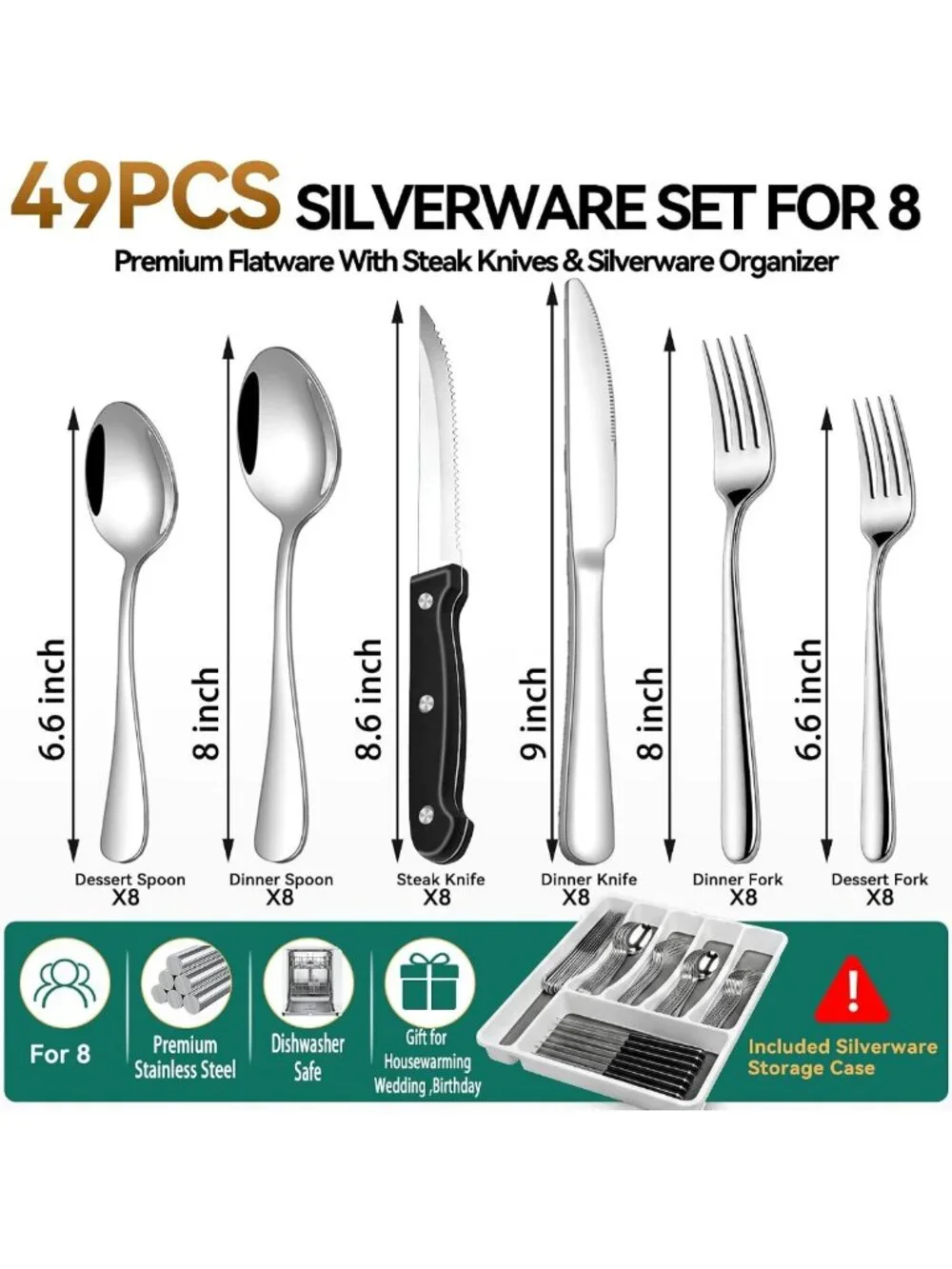 49-Piece Stainless Steel Silverware Set for 8 with Organizer, Dishwasher Safe